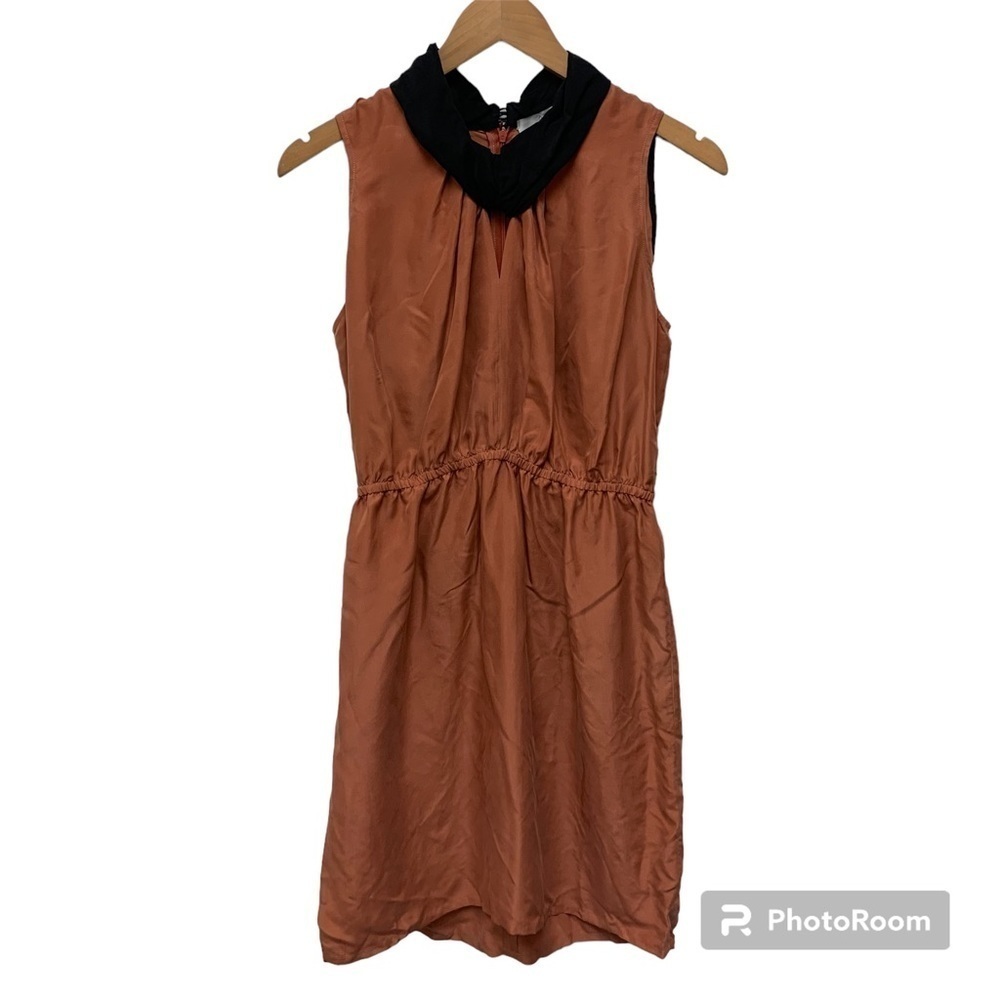 Bronze Silk Mini Dress with Black Contrast Collar